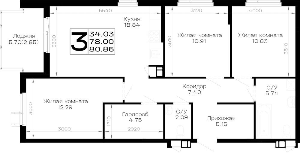 3-к, 80.85 м² · Усадьба Гостагаевская