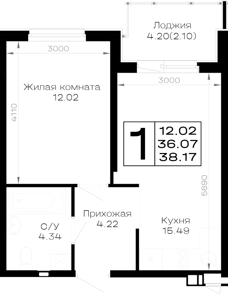 1-к, 38.17 м² · Усадьба Гостагаевская