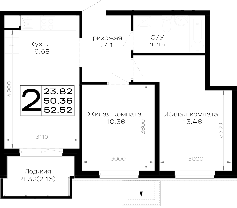 2-к, 52.52 м² · Усадьба Гостагаевская
