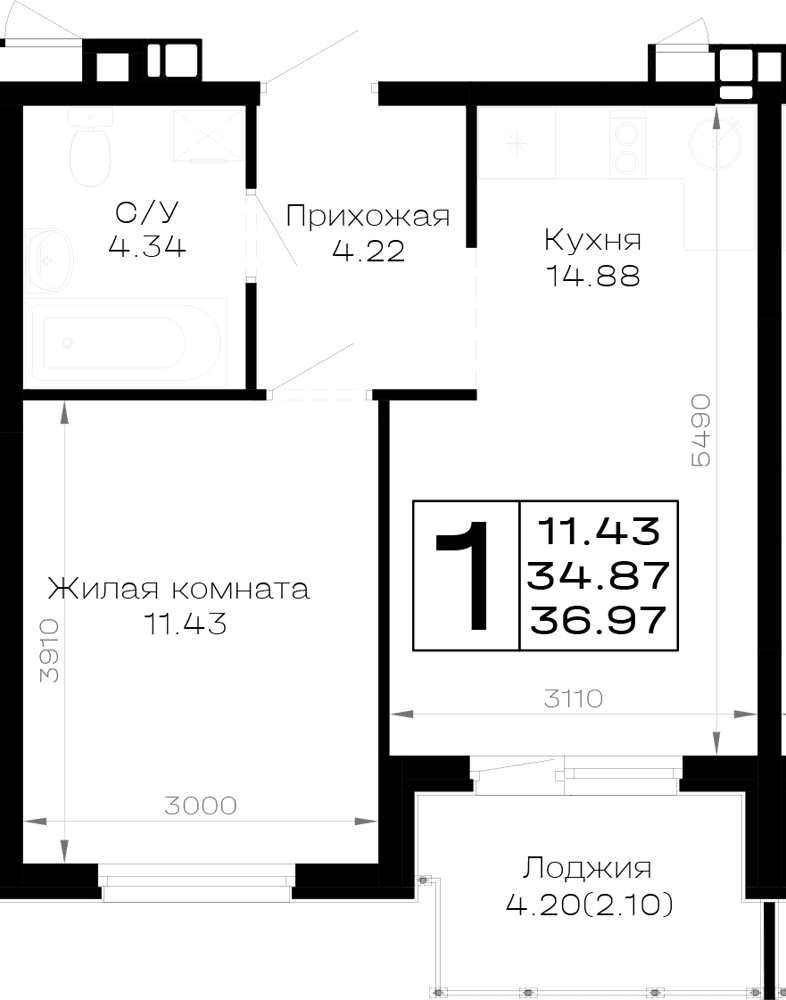 1-к, 36.97 м² · Усадьба Гостагаевская