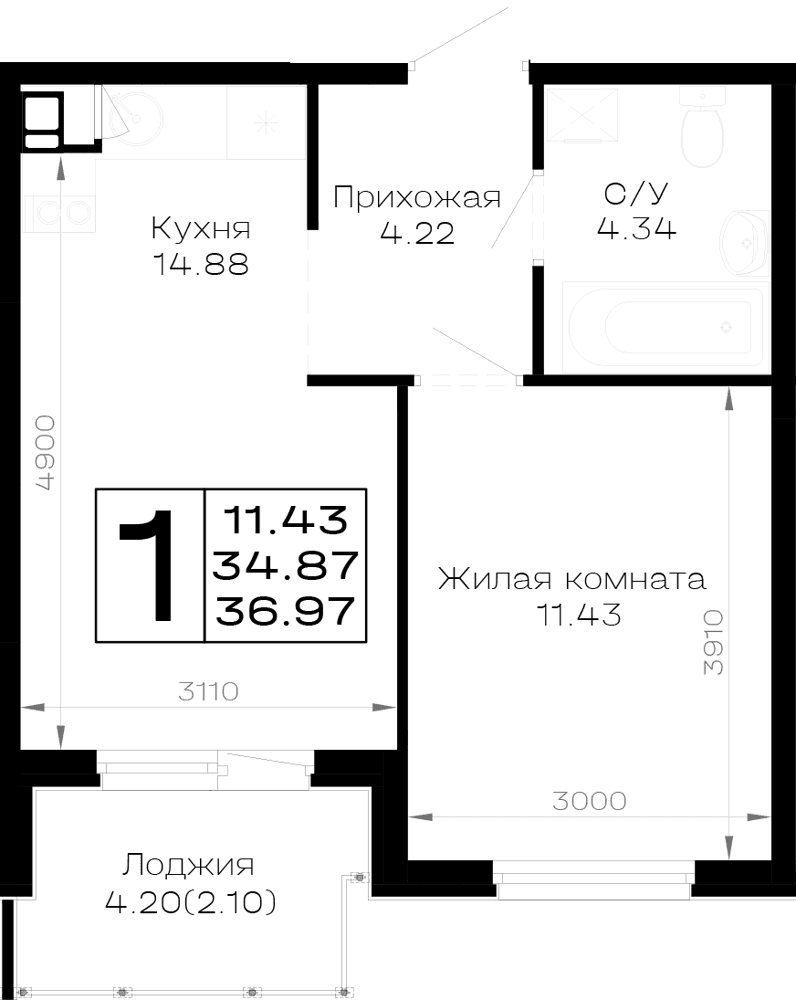 1-к, 36.97 м² · Усадьба Гостагаевская