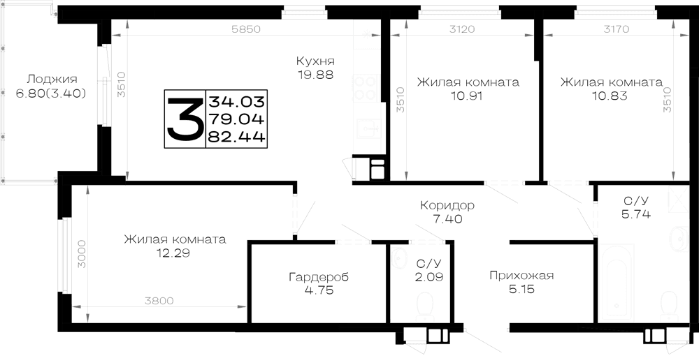 3-к, 82.44 м² · Усадьба Гостагаевская