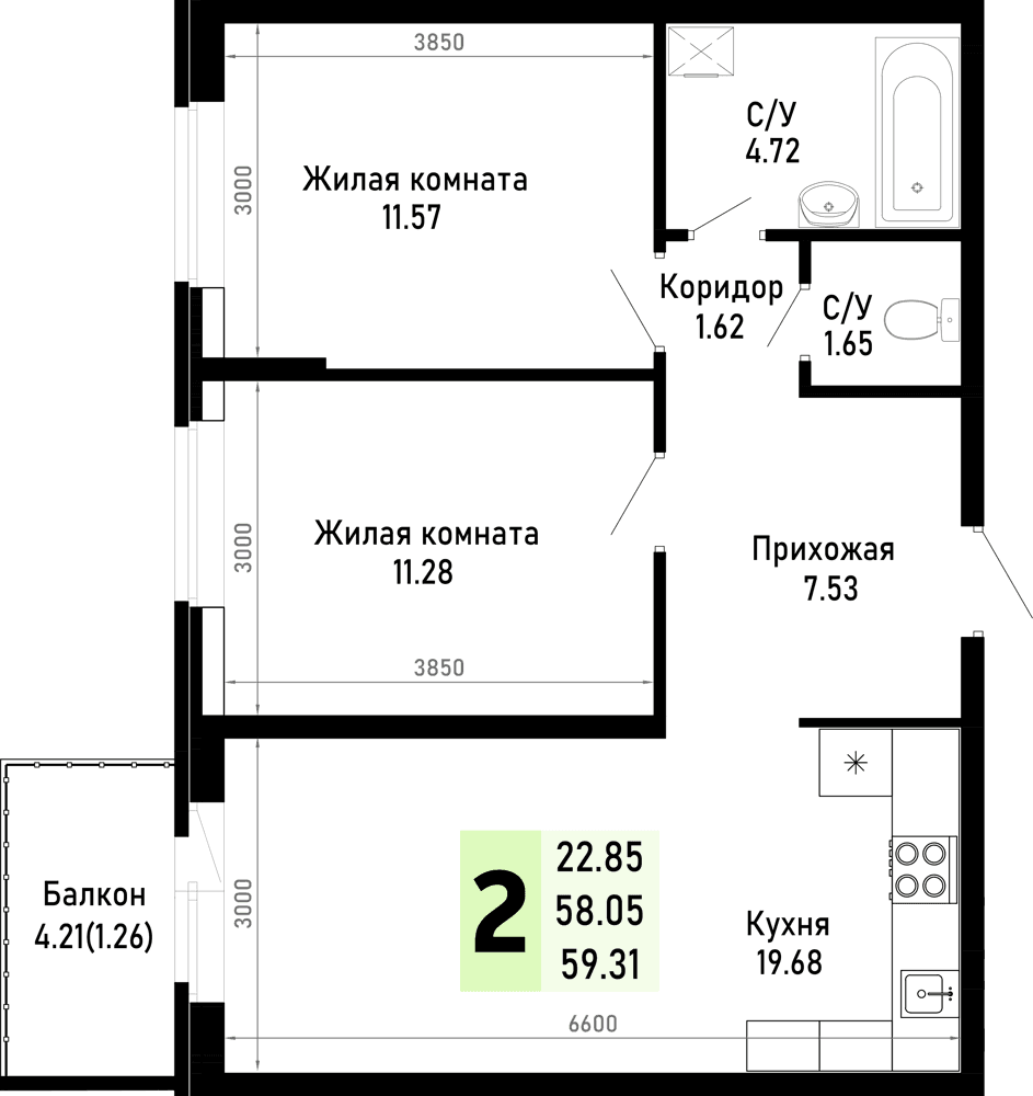 2-к, 59.31 м² · Усадьба Гостагаевская
