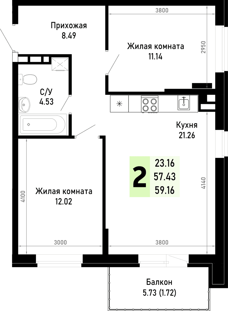 2-к, 59.16 м² · Усадьба Гостагаевская