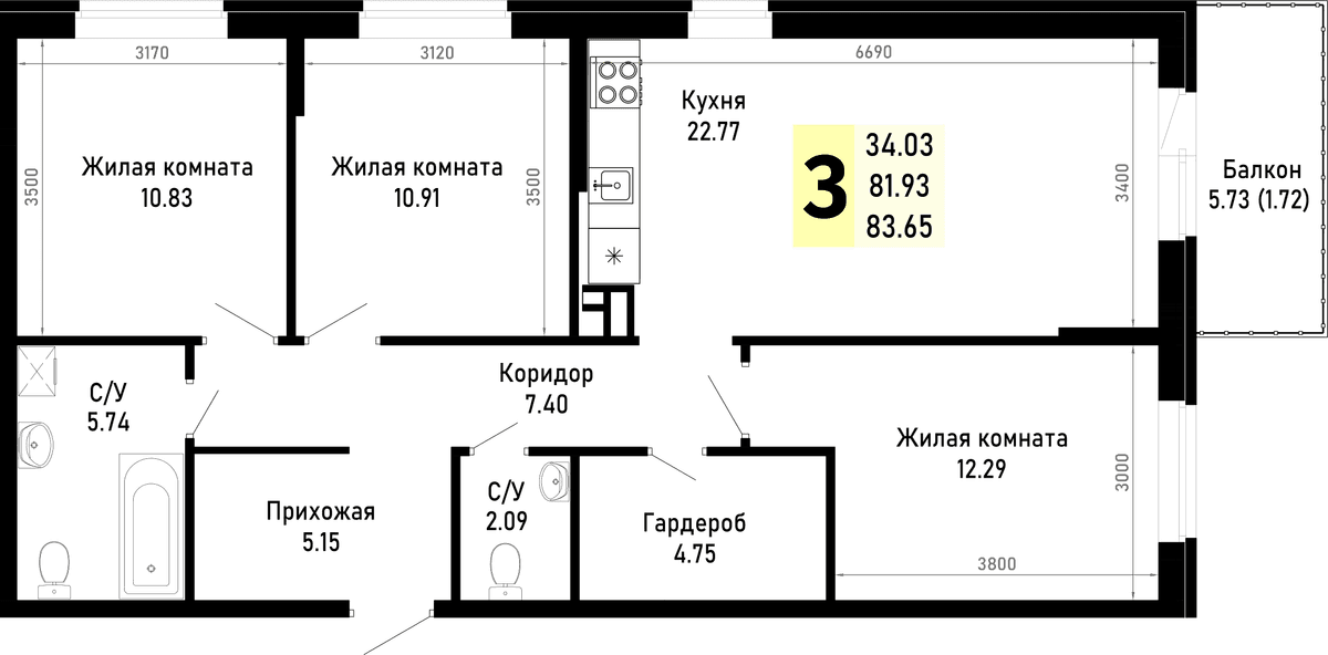 3-к, 83.65 м² · Усадьба Гостагаевская
