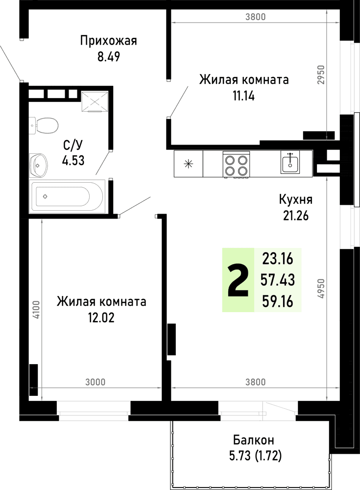 2-к, 59.16 м² · Усадьба Гостагаевская