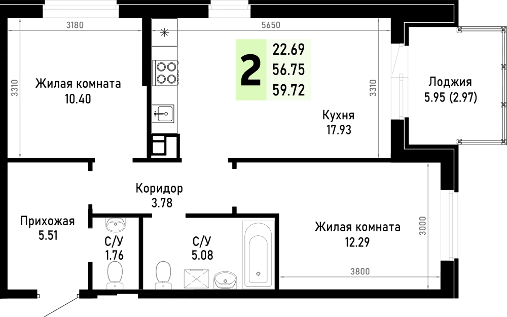 2-к, 59.72 м² · Усадьба Гостагаевская
