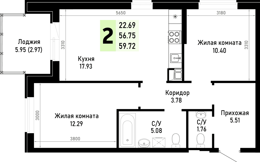 2-к, 59.72 м² · Усадьба Гостагаевская