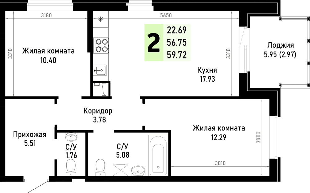 2-к, 59.72 м² · Усадьба Гостагаевская