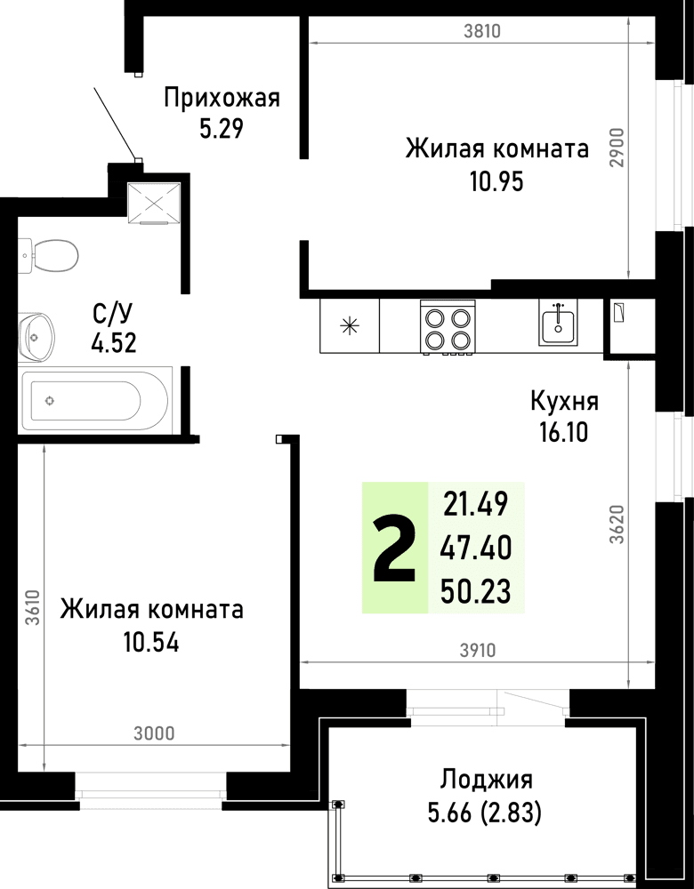 2-к, 50.23 м² · Усадьба Гостагаевская
