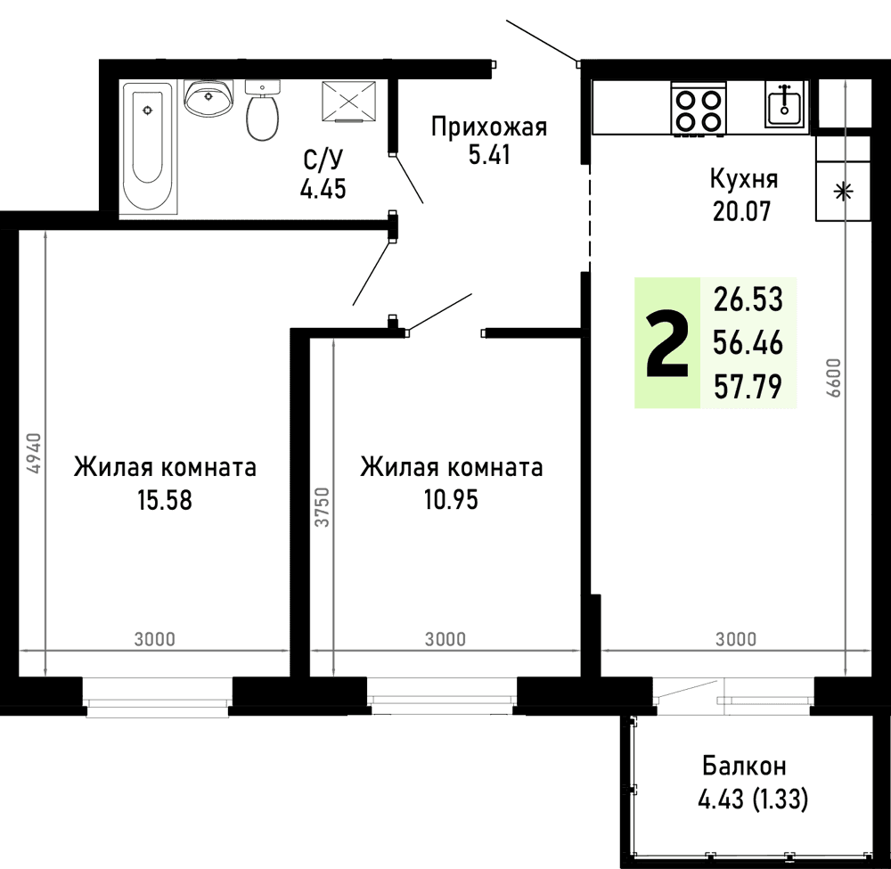 2-к, 57.78 м² · Усадьба Гостагаевская