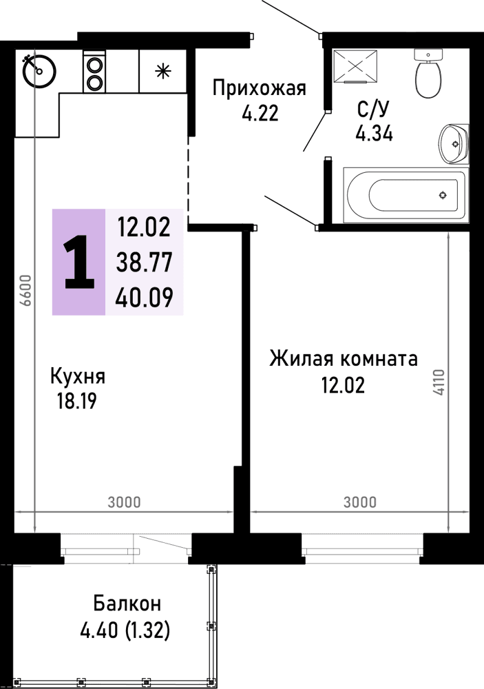 1-к, 40.09 м² · Усадьба Гостагаевская