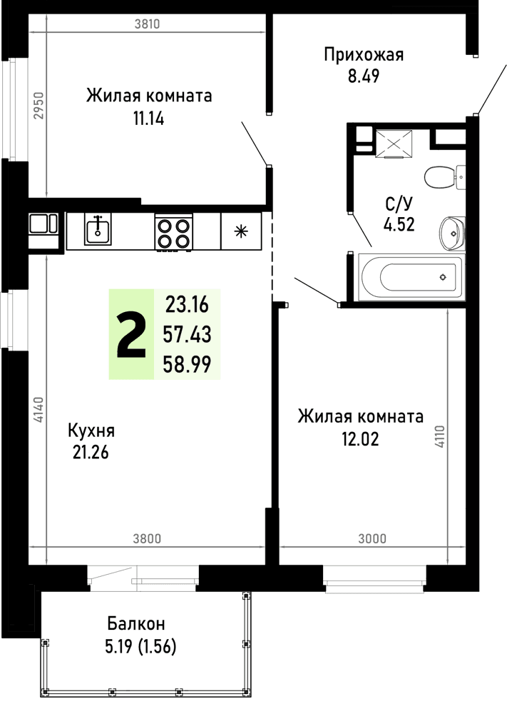 2-к, 58.99 м² · Усадьба Гостагаевская