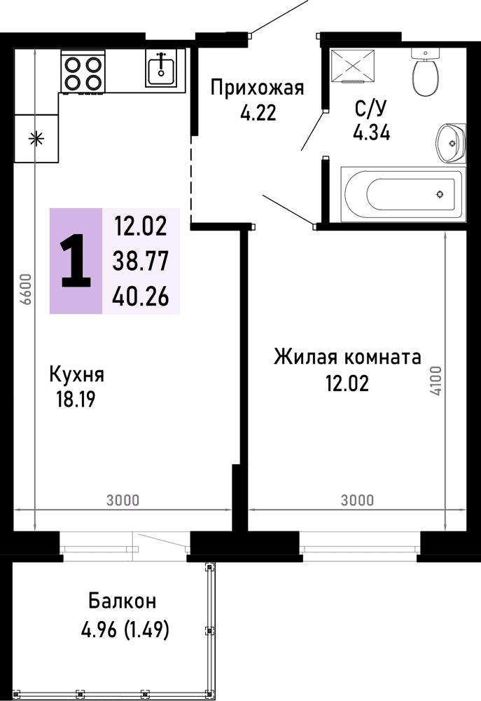 1-к, 40.26 м² · Усадьба Гостагаевская