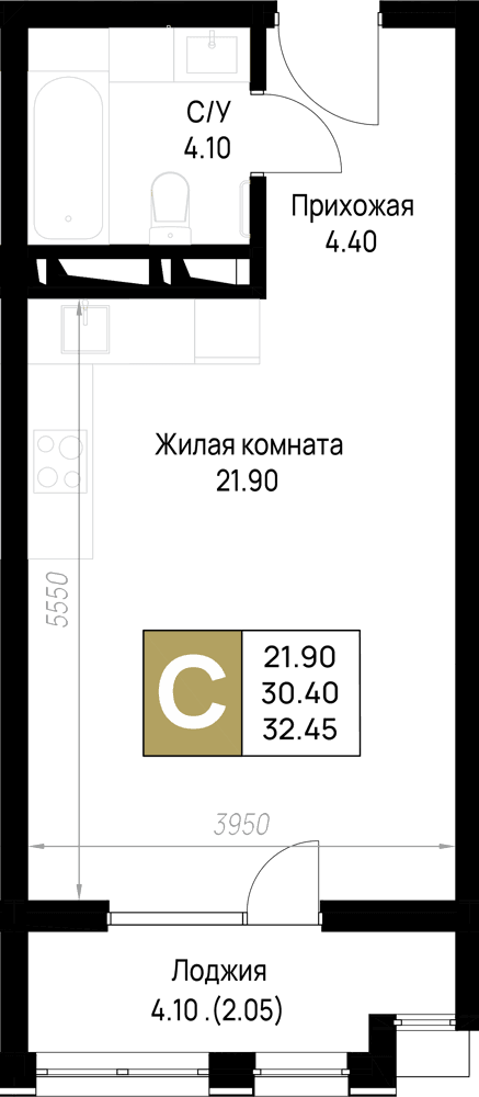 Студия, 32.45 м² · На Высоком берегу