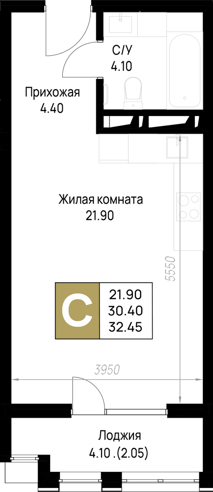 Студия, 32.45 м² · На Высоком берегу