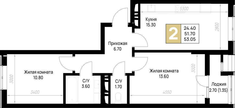 2-к, 53.05 м² · На Высоком берегу