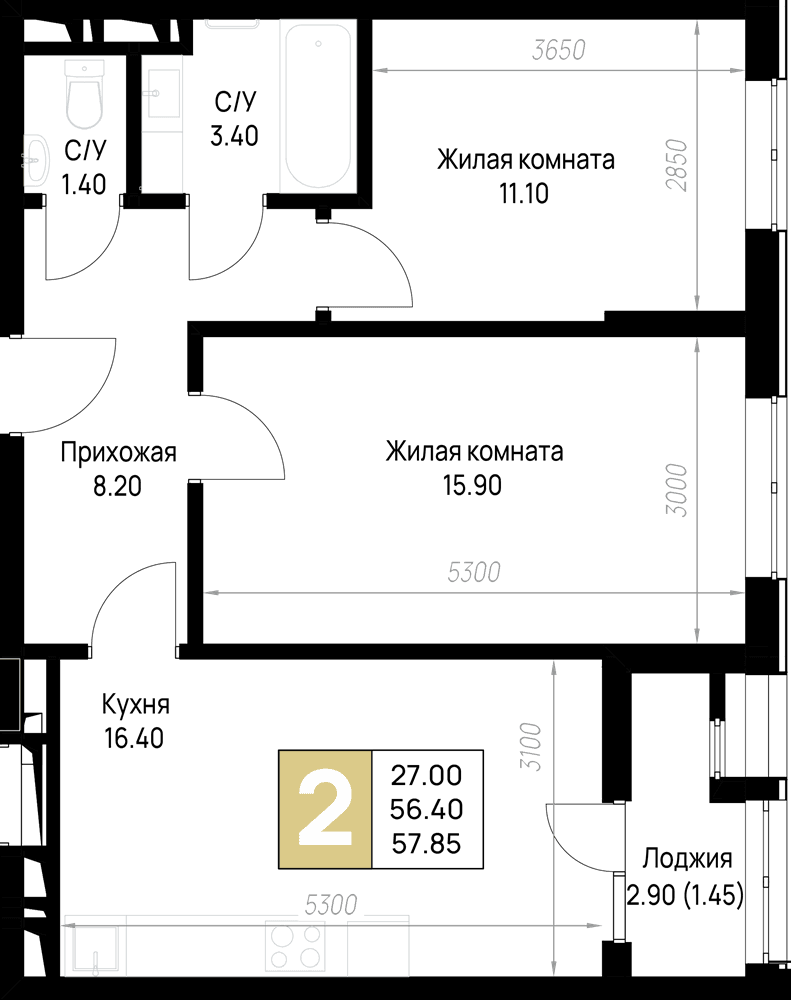 2-к, 57.85 м² · На Высоком берегу