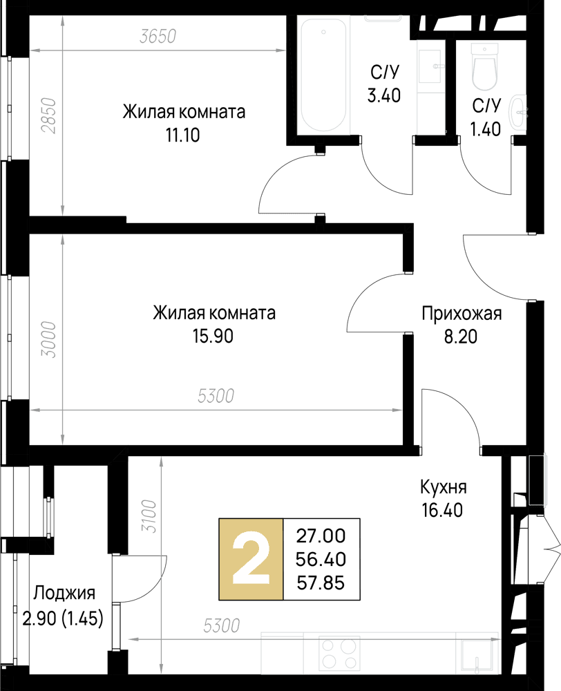 2-к, 57.85 м² · На Высоком берегу