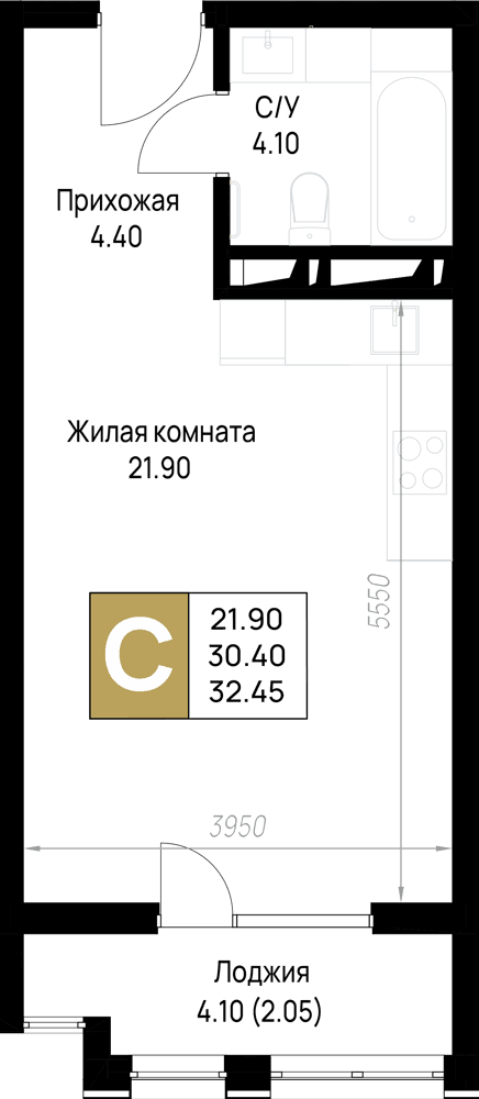 Студия, 32.45 м² · На Высоком берегу