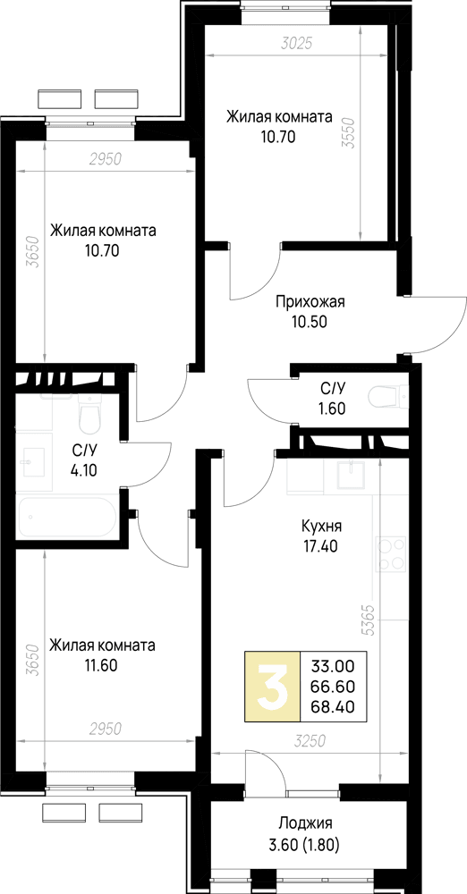 3-к, 68.4 м² · На Высоком берегу