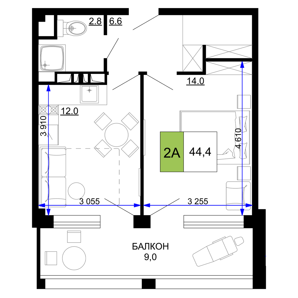 2-к, 44.4 м² · Мореград