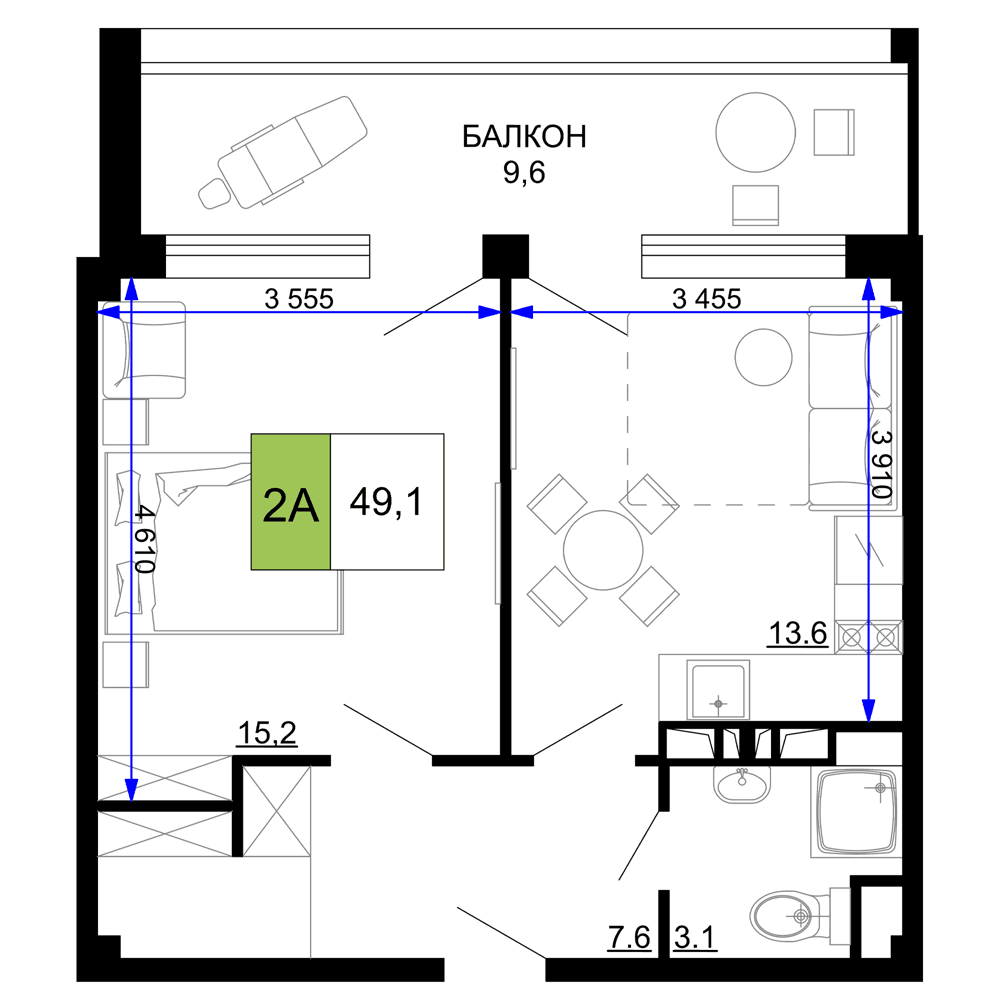 2-к, 49.1 м² · Мореград