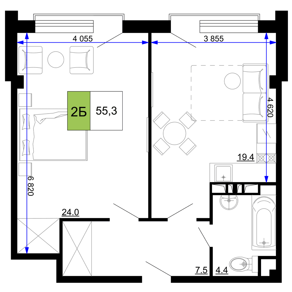 2-к, 55.3 м² · Мореград