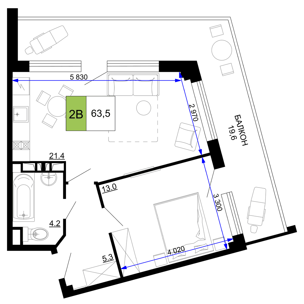 2-к, 63.5 м² · Мореград