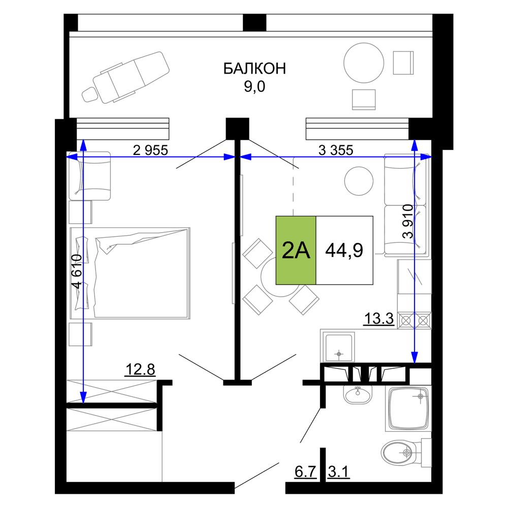 2-к, 44.9 м² · Мореград
