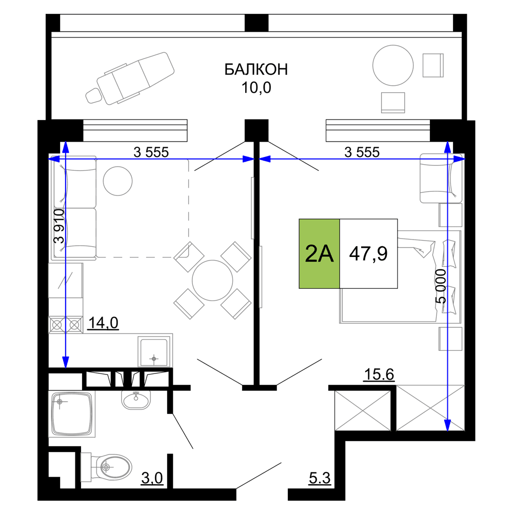 2-к, 47.9 м² · Мореград