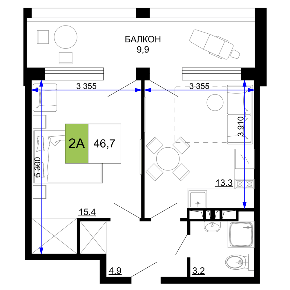 2-к, 46.7 м² · Мореград