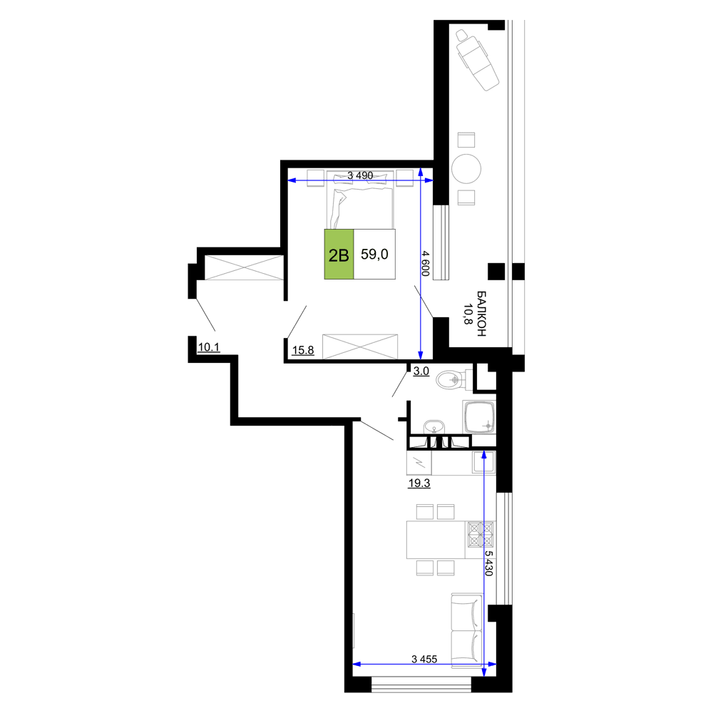 2-к, 59 м² · Мореград