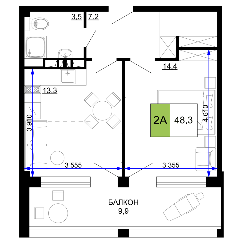 2-к, 48.3 м² · Мореград
