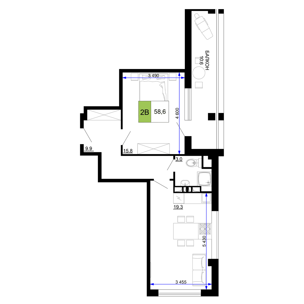2-к, 58.6 м² · Мореград