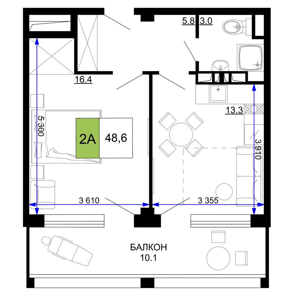 2-к, 48.6 м² · Мореград