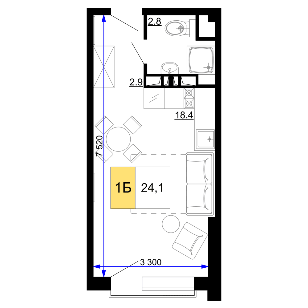 1-к, 24.1 м² · Мореград