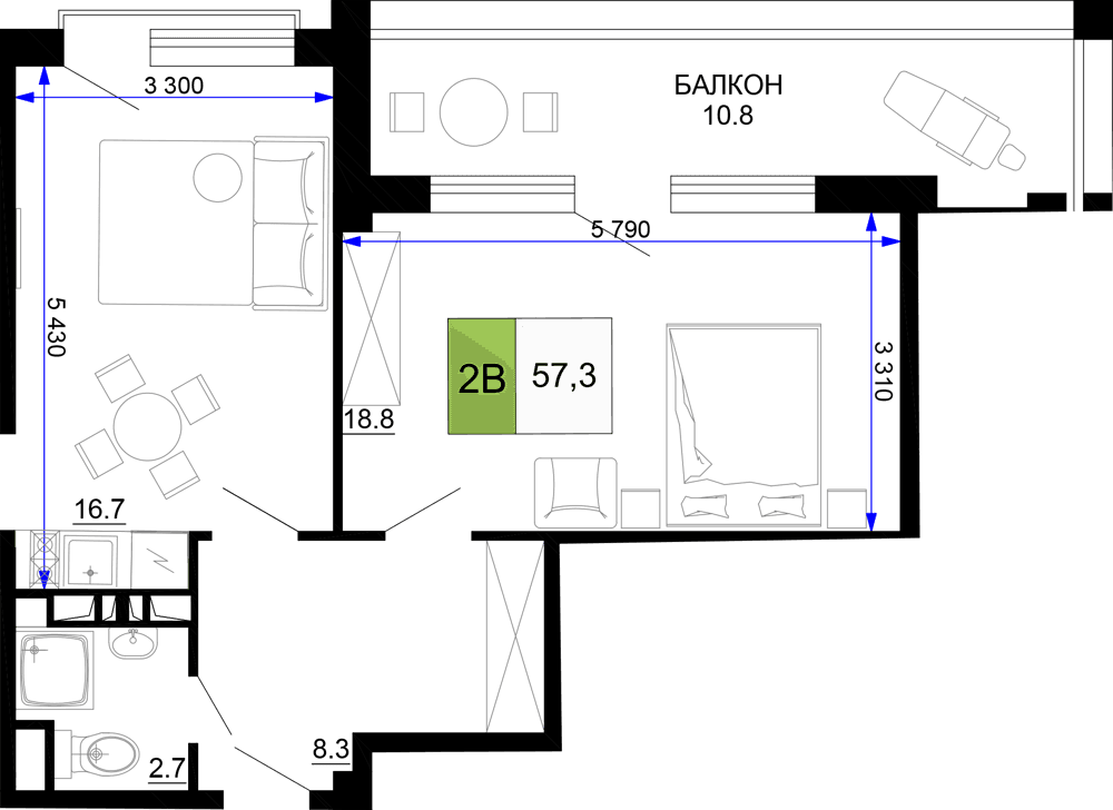 2-к, 57.3 м² · Мореград