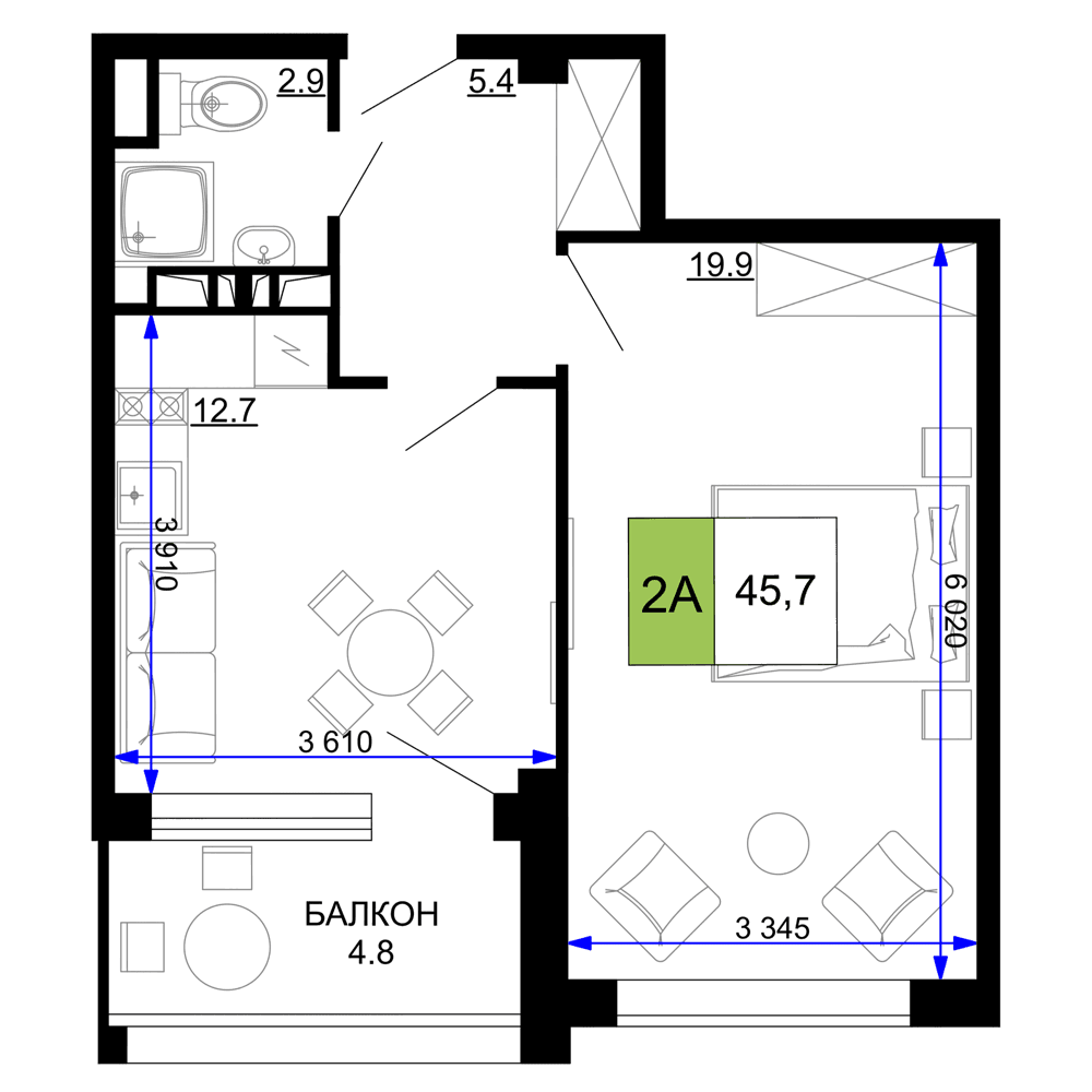 2-к, 45.7 м² · Мореград
