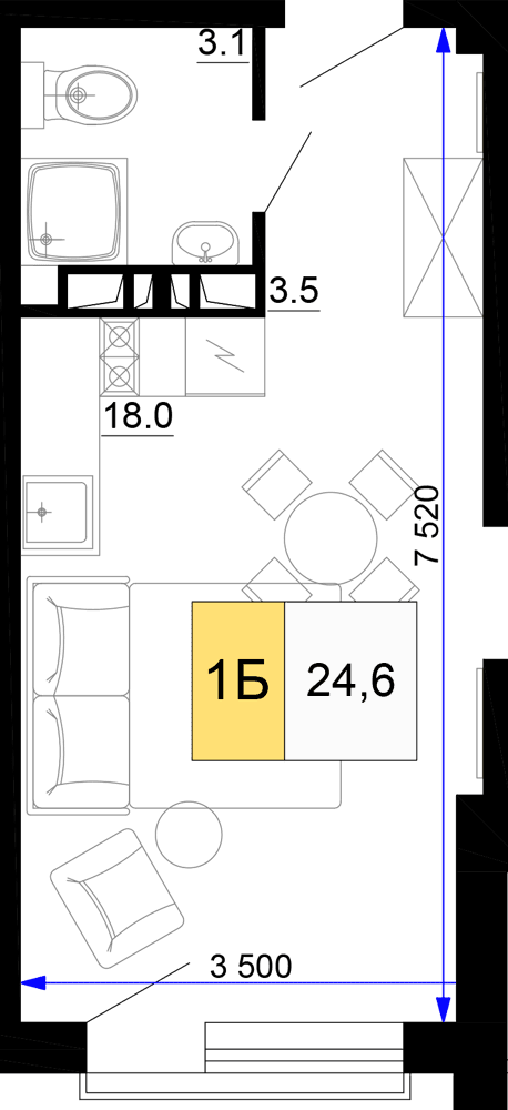 1-к, 24.6 м² · Мореград