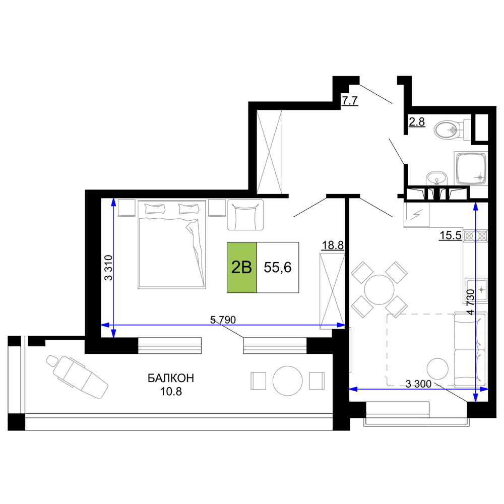 2-к, 55.6 м² · Мореград