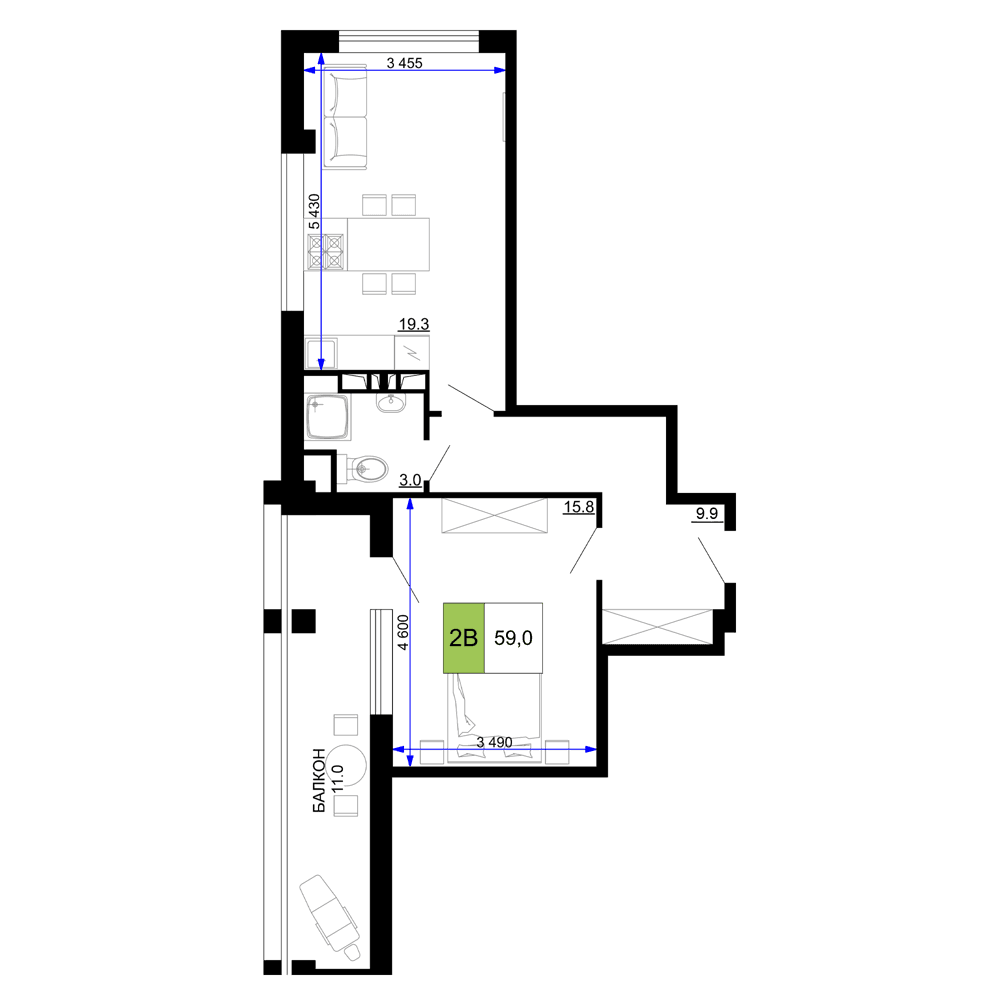 2-к, 59 м² · Мореград