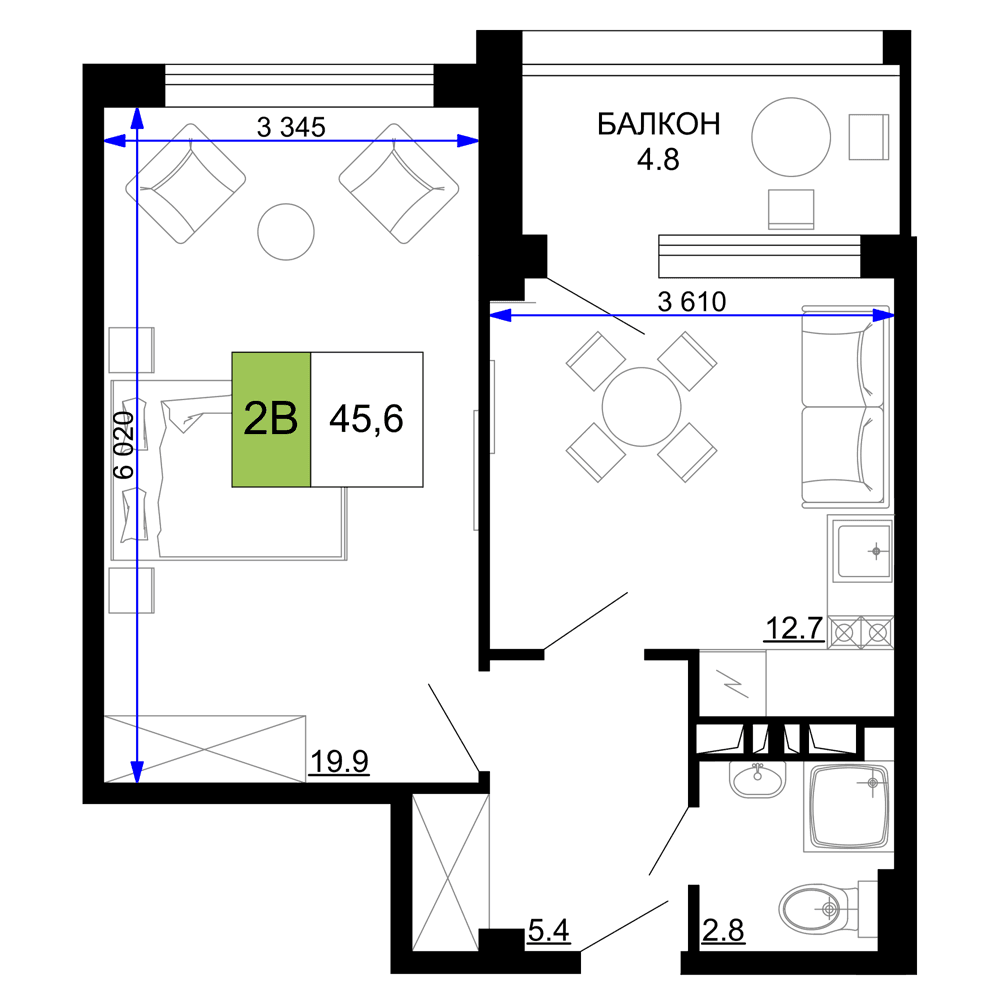 2-к, 45.6 м² · Мореград