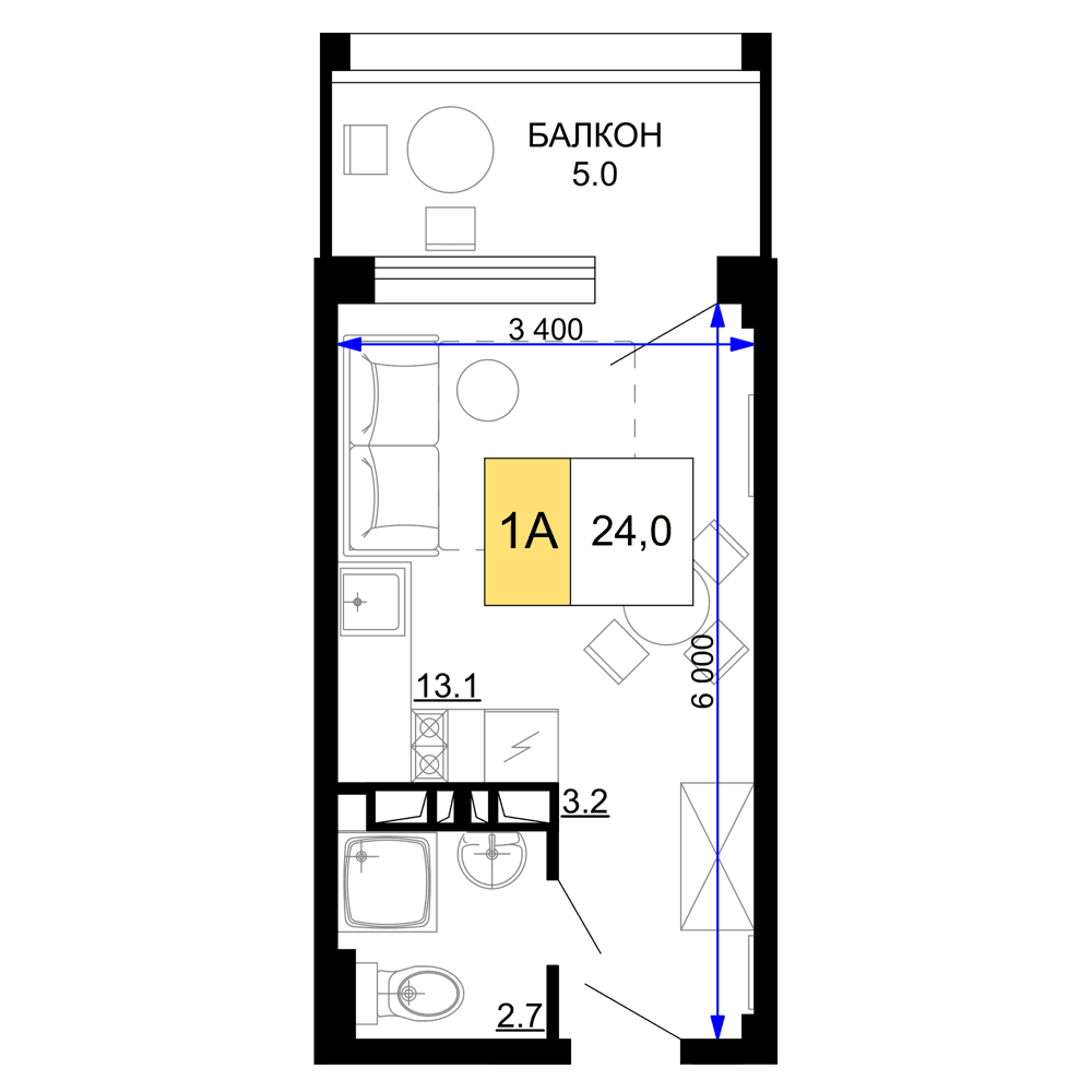 1-к, 24 м² · Мореград