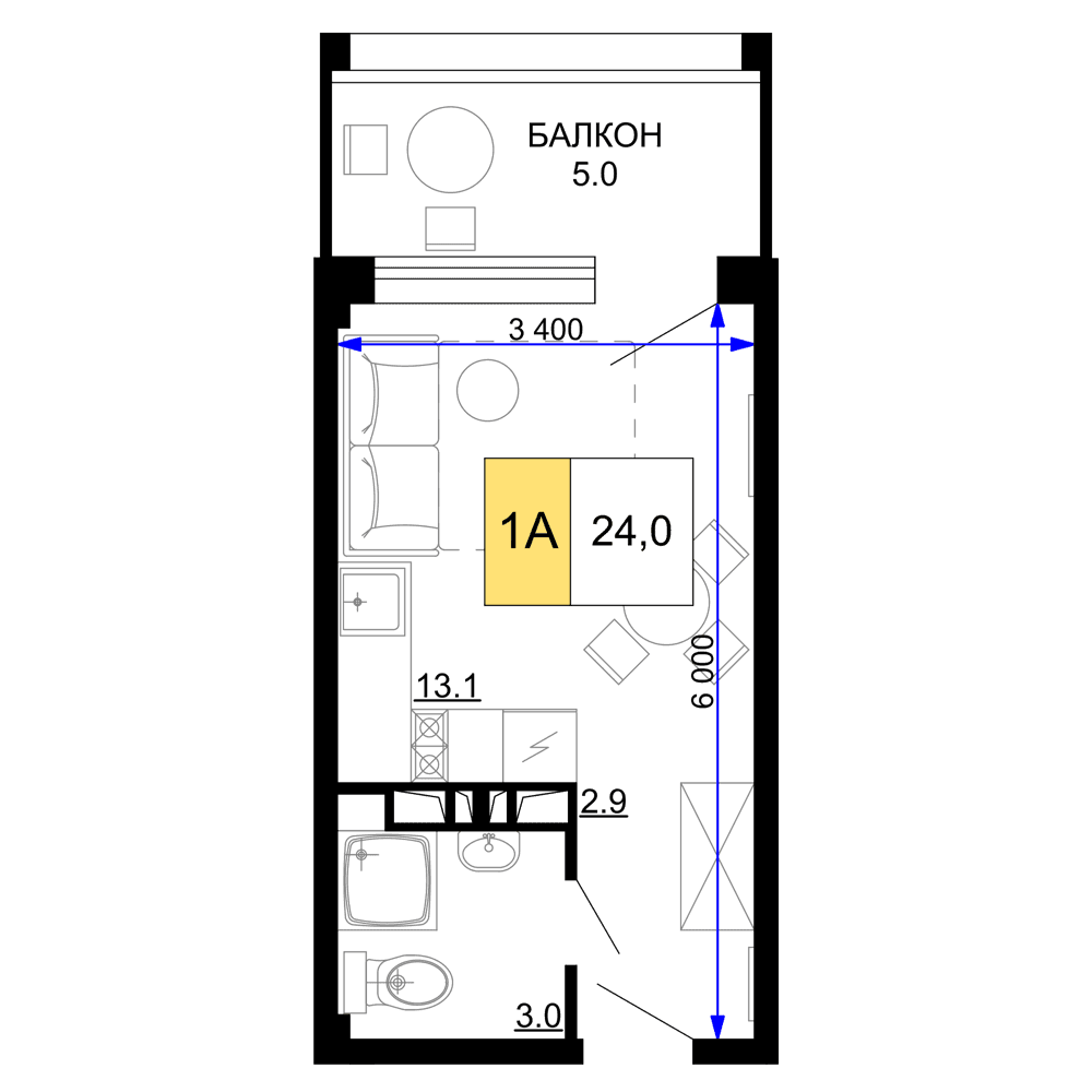 1-к, 24 м² · Мореград