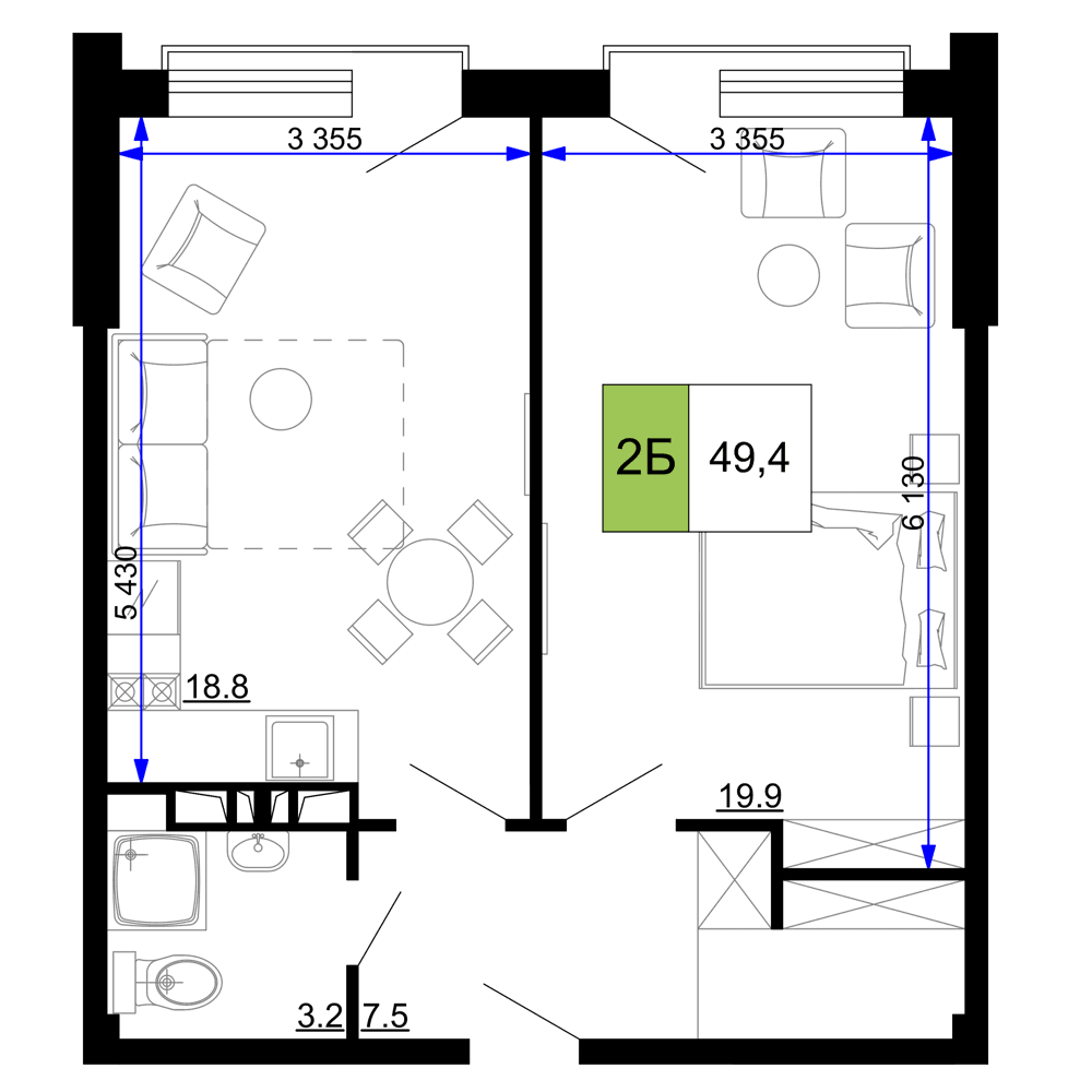 2-к, 49.4 м² · Мореград