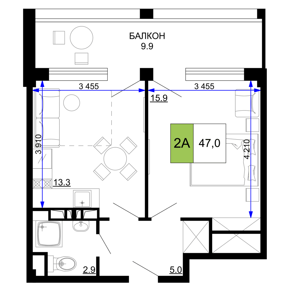 2-к, 47 м² · Мореград