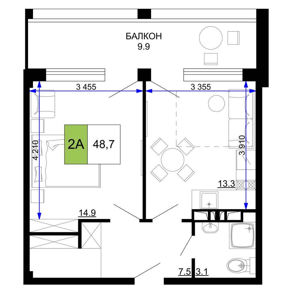2-к, 48.7 м² · Мореград