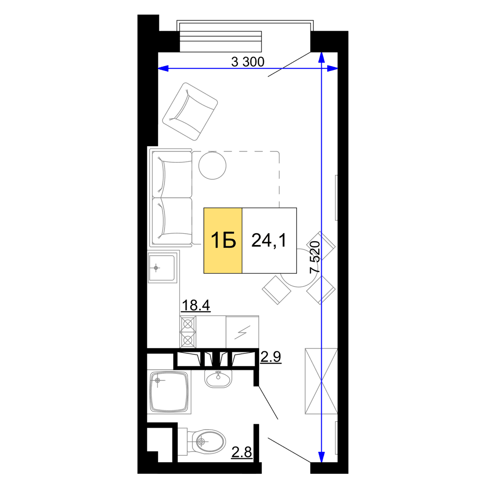 1-к, 24.1 м² · Мореград