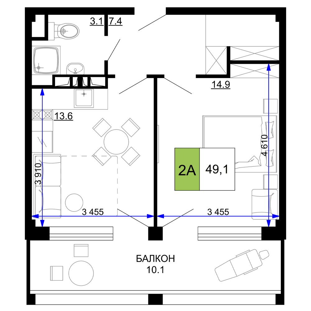 2-к, 49.1 м² · Мореград